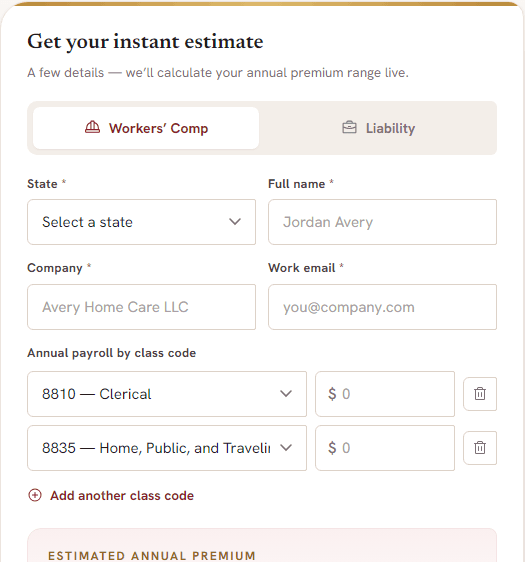 The Bliss Marc instant estimate form for workers' compensation and liability